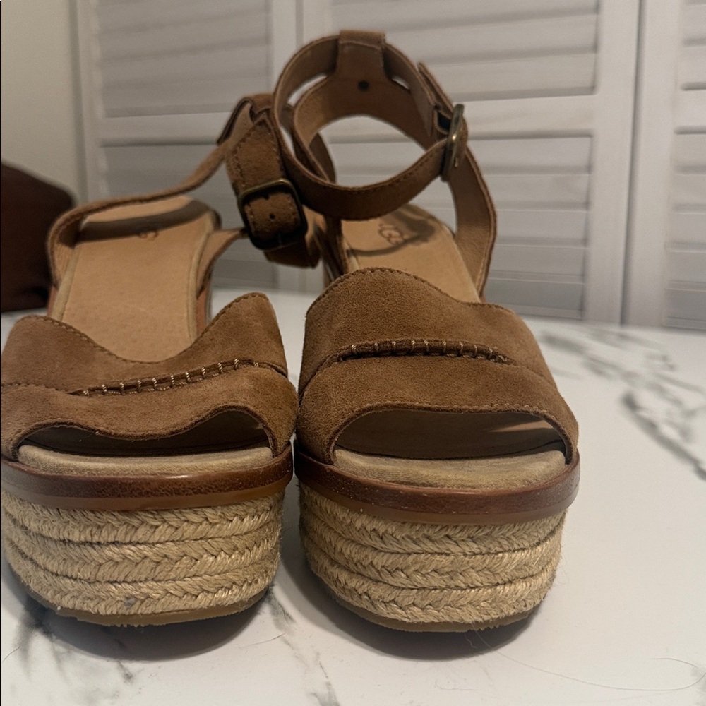 Ugg Tan Suede Wedge Ankle Wrap Sandals. Size 9-1/2 - Picture 12 of 15